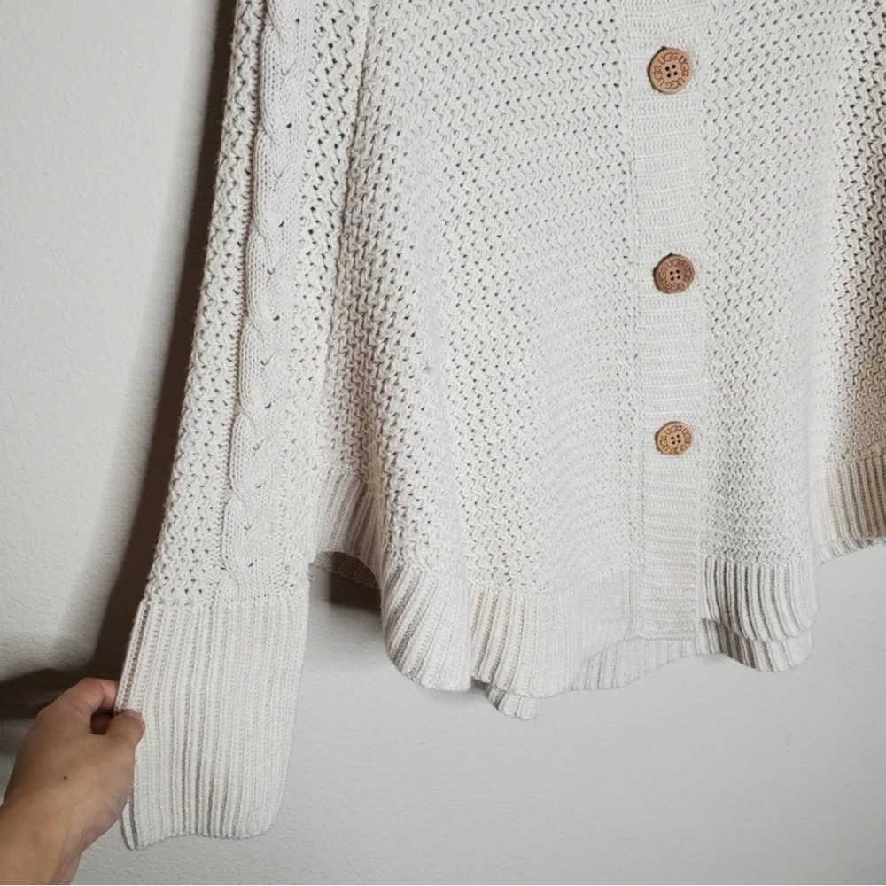 UGG Maribeth White Button Front Ribbed Cable Knit Wool Cape Cardigan Sweater